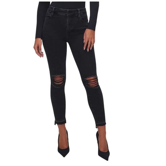 Good American Good Waist Crop Black Distressed Jeans 6/28 - Picture 1 of 11